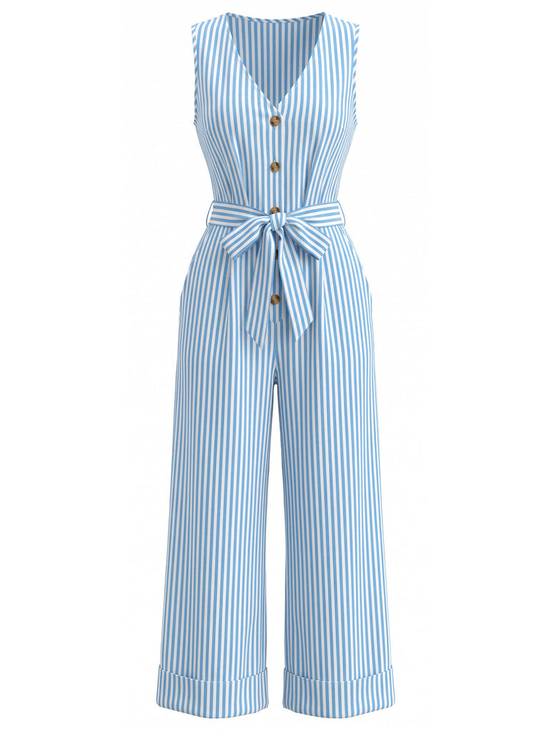 Blauer 30er Ärmelloses Jumpsuit mit V-Ausschnitt und Streifen