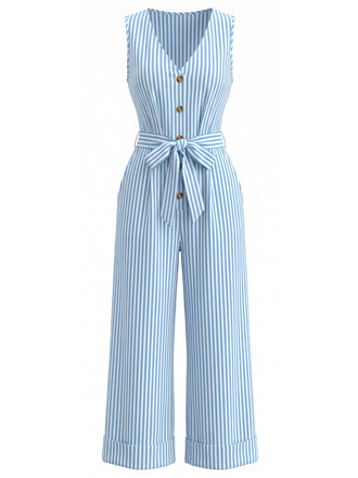 Blauer 30er Ärmelloses Jumpsuit mit V-Ausschnitt und Streifen