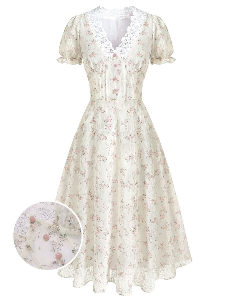 1940er Blumen Spitze V-Ausschnitt Kurzarm Midi Kleid