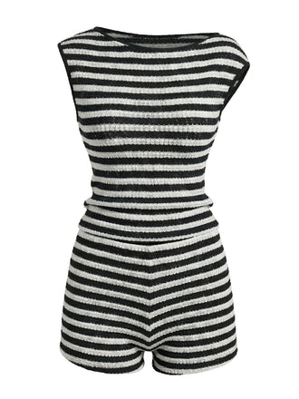 2PCS Schwarz 1940er Streifen Ärmellos Top & Höhe Taille Shorts