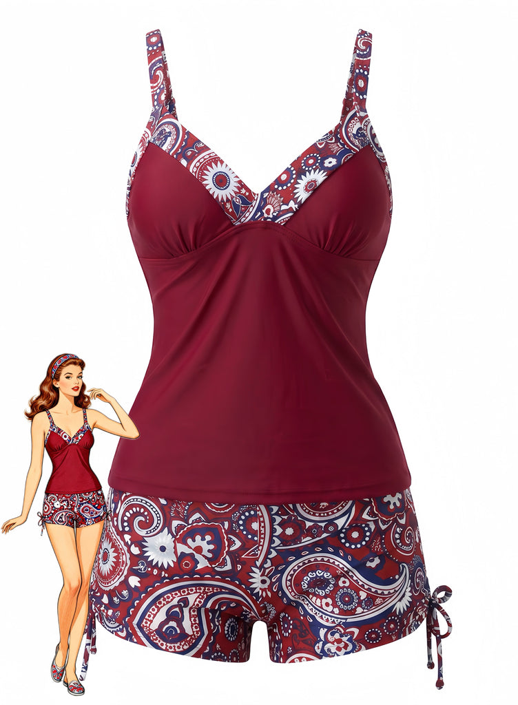 70er Bohemian Tankini-Set mit V-Ausschnitt und Riemen