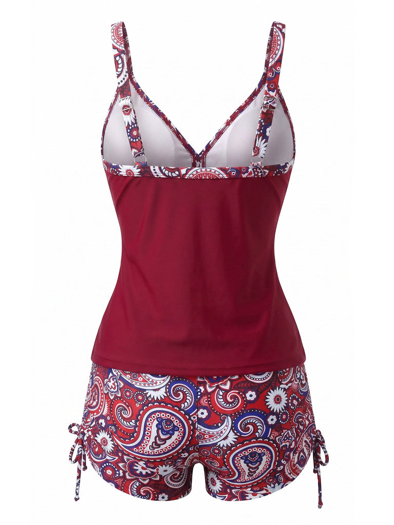 70er Bohemian Tankini-Set mit V-Ausschnitt und Riemen