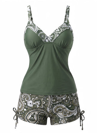70er Bohemian Tankini-Set mit V-Ausschnitt und Riemen