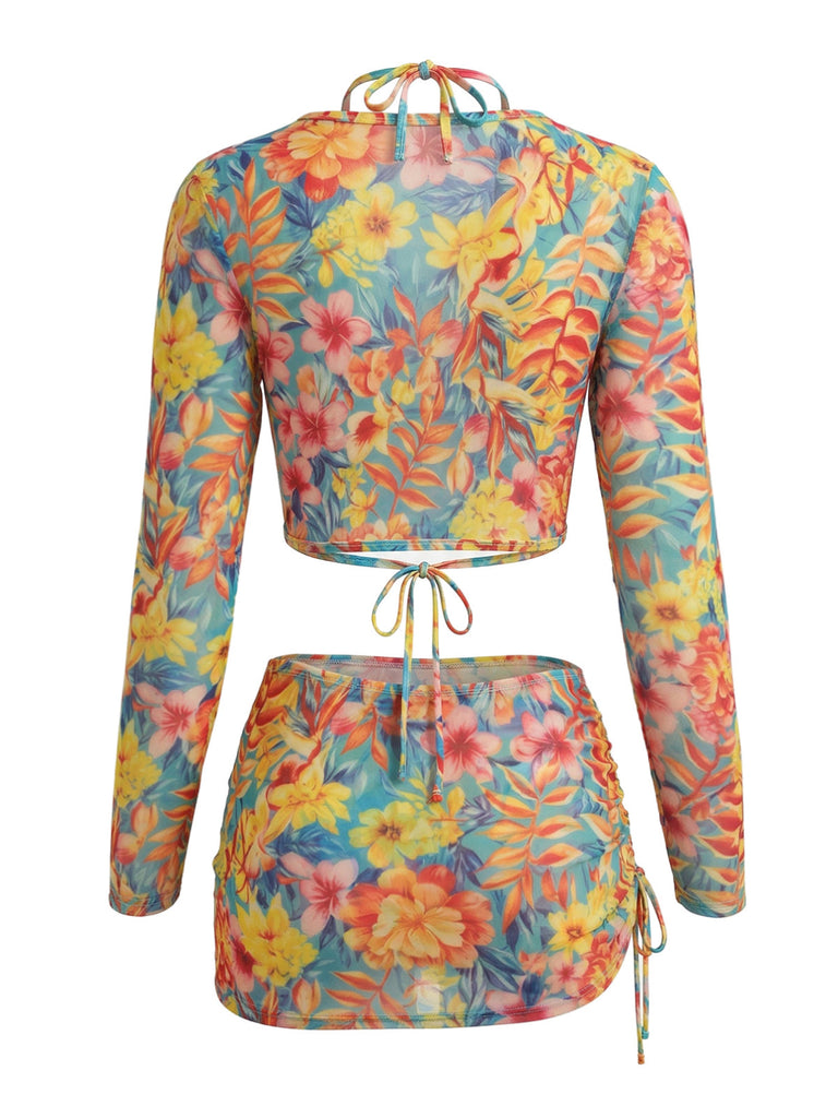 60er Netz-Bikini-Set & Cover-Up mit Neckholder und Blumen