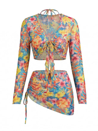 60er Netz-Bikini-Set & Cover-Up mit Neckholder und Blumen