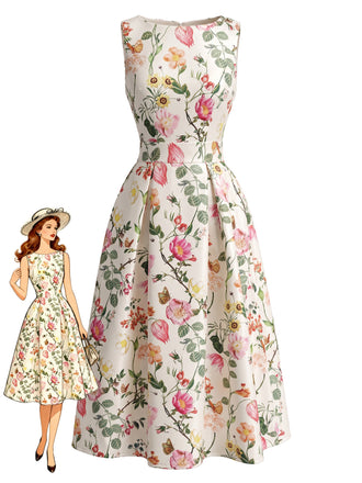 40er Ärmelloses Kleid mit Blumen-Print und Bootskragen
