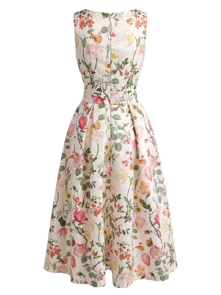 40er Ärmelloses Kleid mit Blumen-Print und Bootskragen
