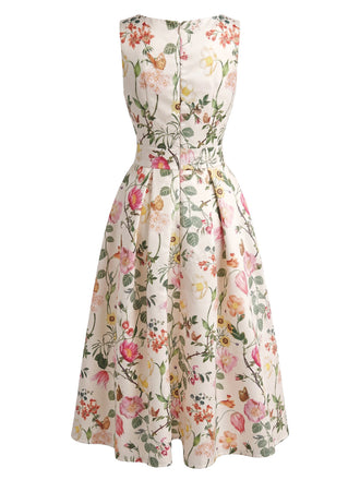 40er Ärmelloses Kleid mit Blumen-Print und Bootskragen