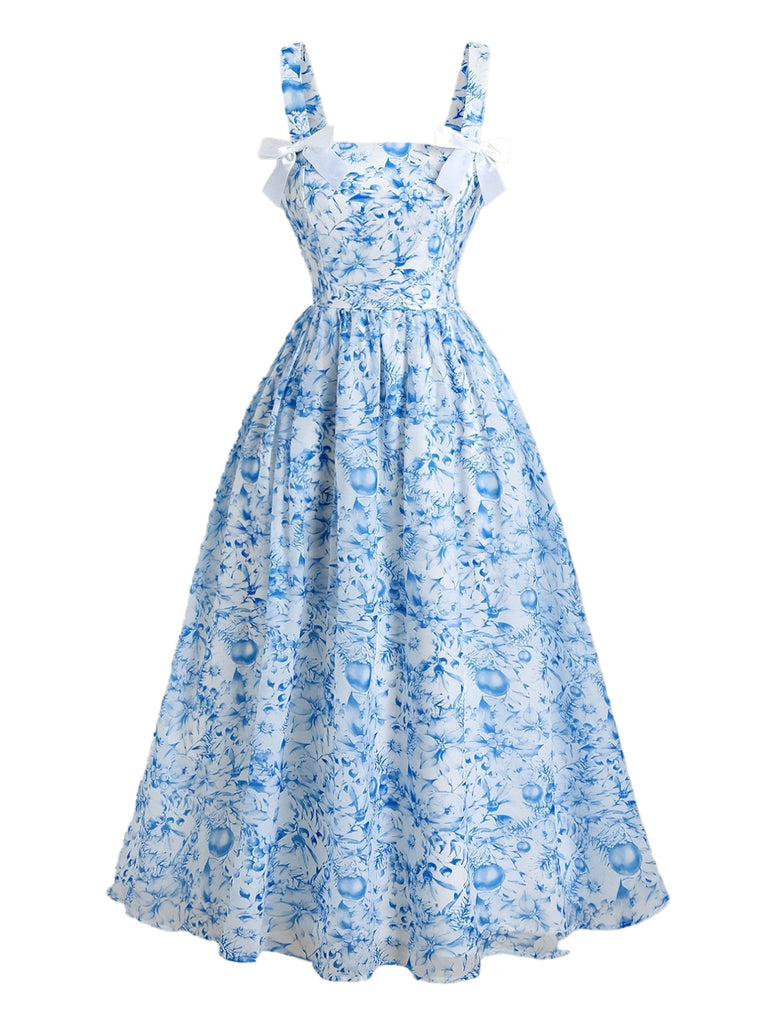 Blaues 40er Swingkleid mit Eckiger Ausschnitt und Schleife