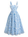 Blaues 40er Swingkleid mit Eckiger Ausschnitt und Schleife