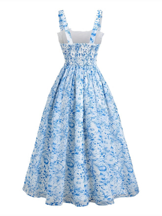 Blaues 40er Swingkleid mit Eckiger Ausschnitt und Schleife