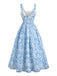 Blaues 40er Swingkleid mit Eckiger Ausschnitt und Schleife