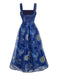 Blaues 40er Swingkleid mit Eckiger Ausschnitt und Schleife