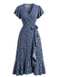 Dunkelblaues 40er Meerjungfrauenkleid mit Ditsy-Blumen und V-Ausschnitt