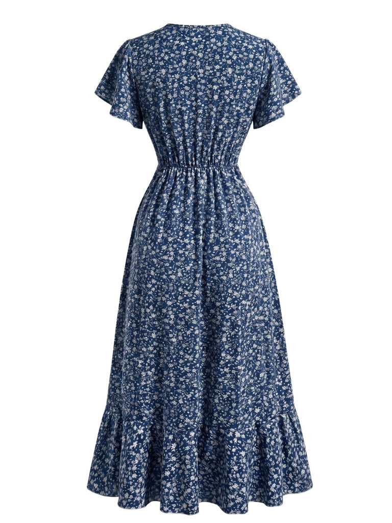 Orange 40er Meerjungfrauenkleid mit Ditsy-Blumen und V-Ausschnitt