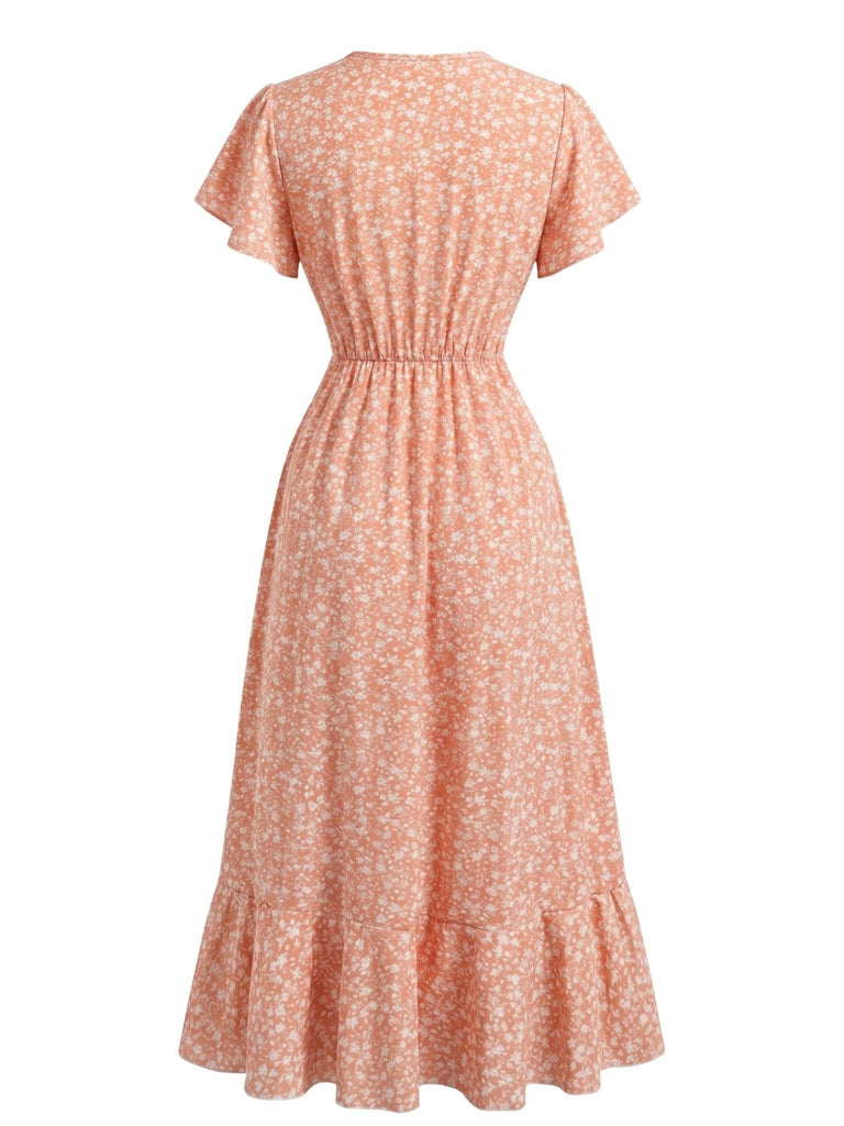 Orange 40er Meerjungfrauenkleid mit Ditsy-Blumen und V-Ausschnitt