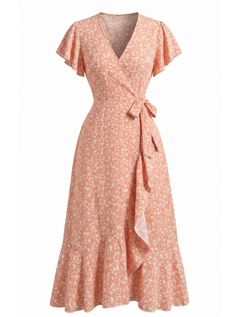 Orange 40er Meerjungfrauenkleid mit Ditsy-Blumen und V-Ausschnitt
