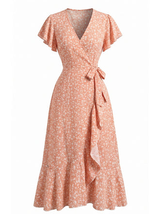Orange 40er Meerjungfrauenkleid mit Ditsy-Blumen und V-Ausschnitt