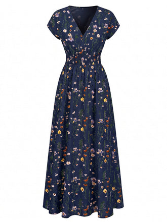 40er Maxikleid mit V-Ausschnitt und Blumen