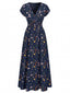 Tiefblaues 40er Maxikleid mit V-Ausschnitt und Blumen