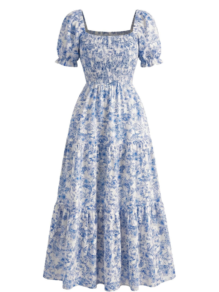 40er Kleid mit Eckiger Ausschnitt und Blumen
