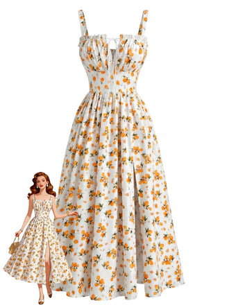 40er Midikleid mit Blumen und Vorderbindung