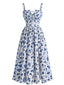 Blaues 40er Midikleid mit Früchte-Blumenmuster und Vorderbindung