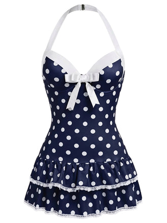 [Vorverkauf] Marineblau 1940er Halter Polka Dots Schleife Einteiliger Badeanzug