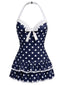 Marineblau 1940er Halter Polka Dots Schleife Einteiliger Badeanzug