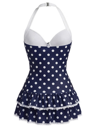 [Vorverkauf] Marineblau 1940er Halter Polka Dots Schleife Einteiliger Badeanzug