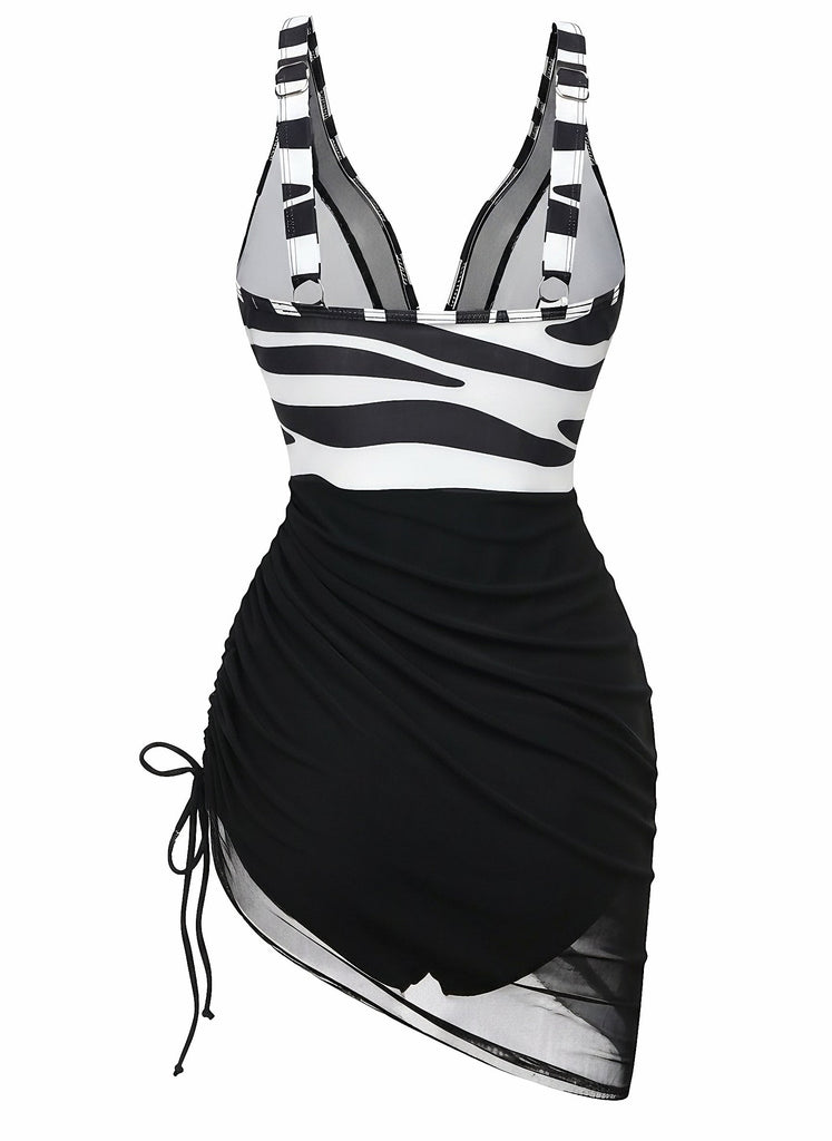 Schwarzer & Weißer 40er Netz-Badeanzug mit Print und Zebra