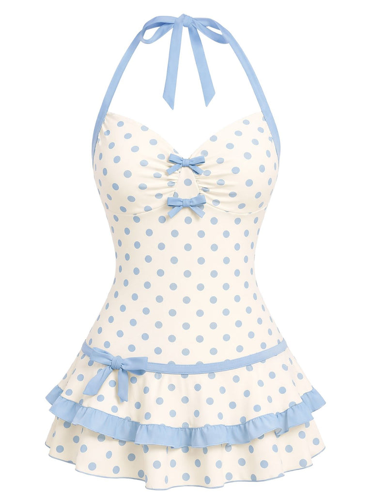 Blaues 40er Badekleid mit Polka-Dots und Neckholder