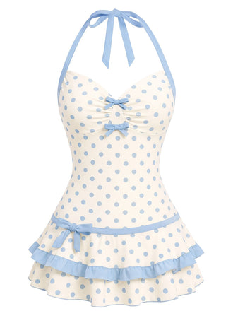 Blaues 40er Badekleid mit Polka-Dots und Neckholder