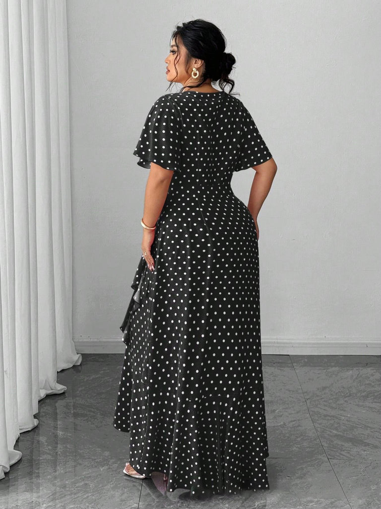 [Übergröße] 40er Maxikleid mit Polka-Dots und V-Ausschnitt