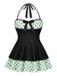 40er Badekleid mit Polka-Dots, Patchwork und Neckholder in Schwarz