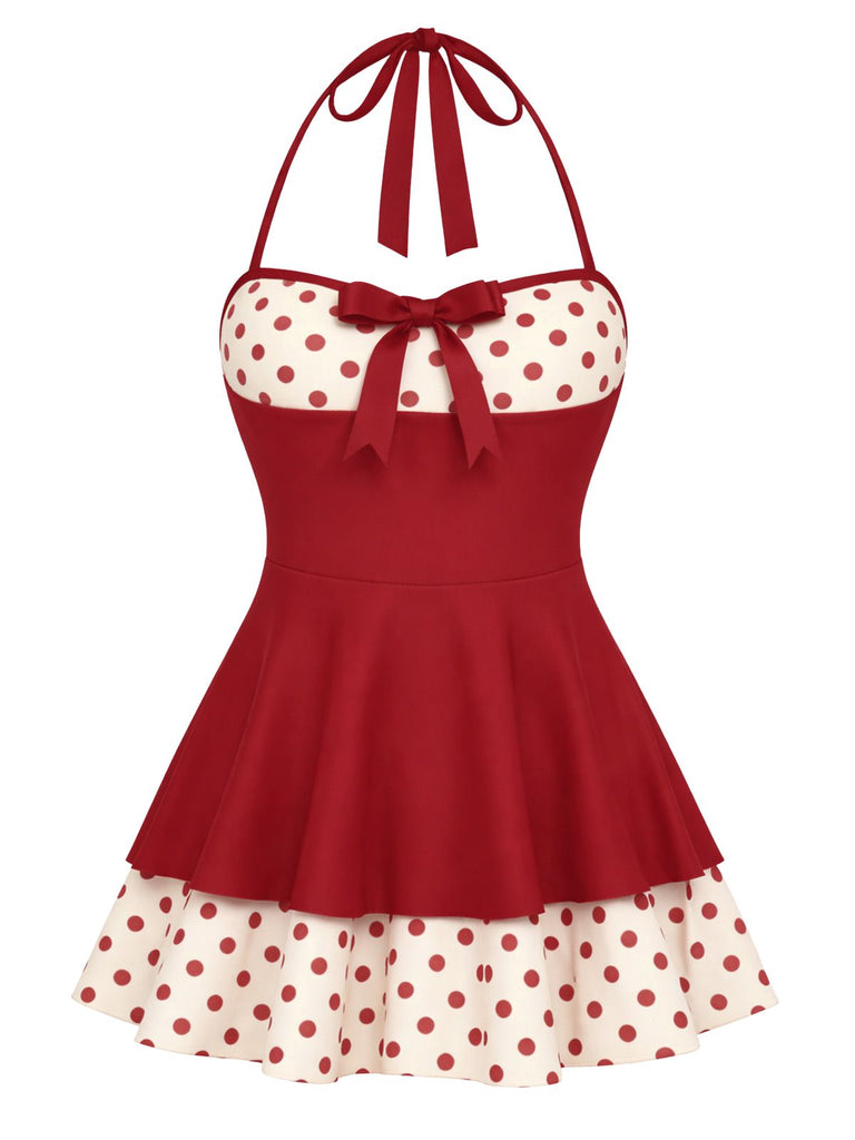 Rotes 40er Badekleid mit Polka-Dots und Neckholder