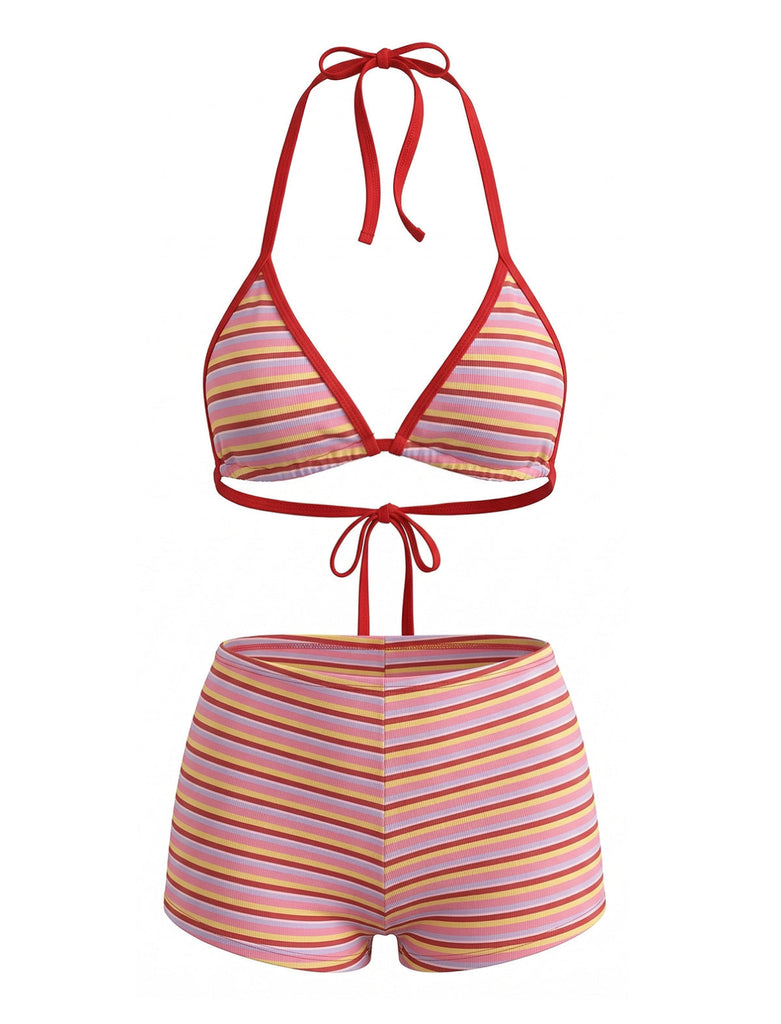 Verrotten 1940er Streifen Halfter Gerippt Dreieck Bikini-Set
