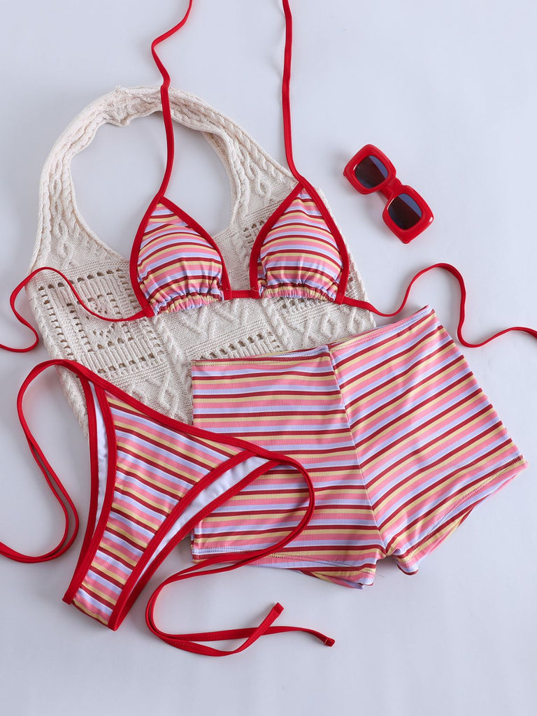 Verrotten 1940er Streifen Halfter Gerippt Dreieck Bikini-Set