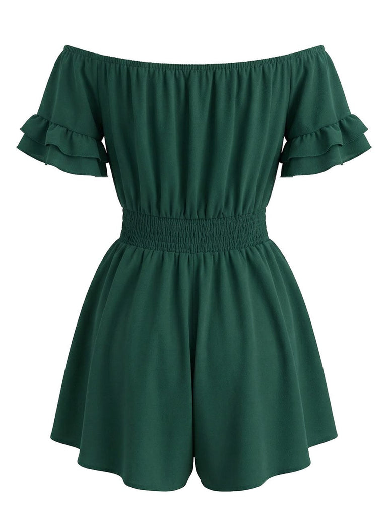 Unifarbener Jumpsuit im Stil der 1940er Jahre mit schulterfreiem Rock, Rüschenärmeln und geraffter Taille – Vintage-Jumpsuit, Retro-Mode