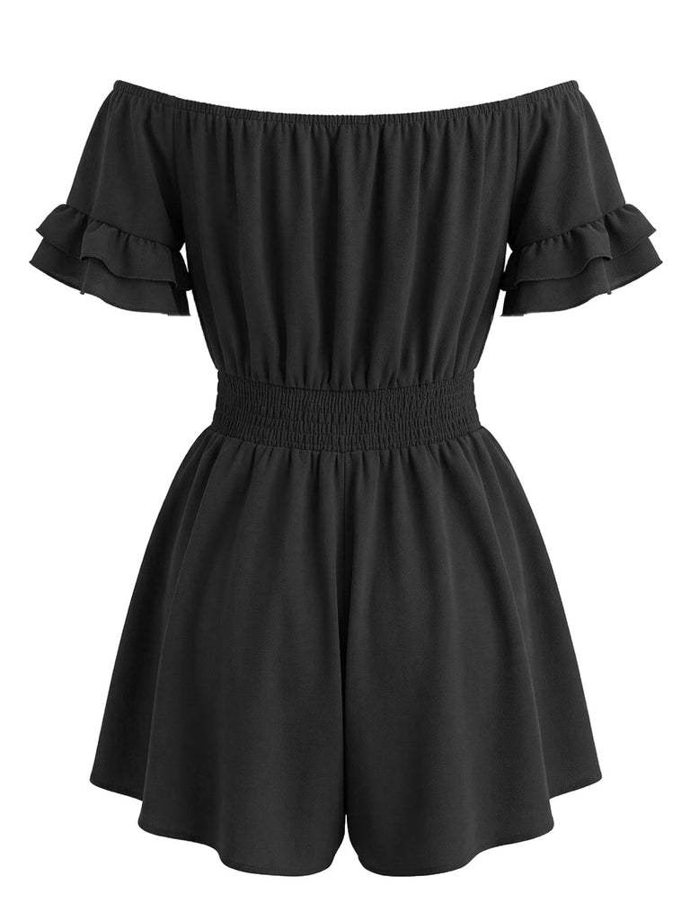 Unifarbener Jumpsuit im Stil der 1940er Jahre mit schulterfreiem Rock, Rüschenärmeln und geraffter Taille – Vintage-Jumpsuit, Retro-Mode