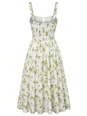 40er Midikleid mit Eckiger Ausschnitt und Blumen