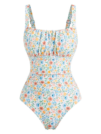 40er Badeanzug mit Ditsy-Blumen und Eckiger Ausschnitt