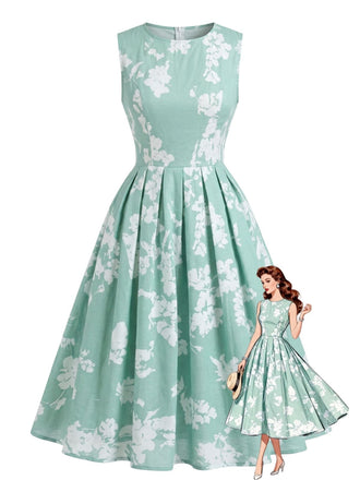 40er Ärmelloses Kleid mit Blumen und Plissee