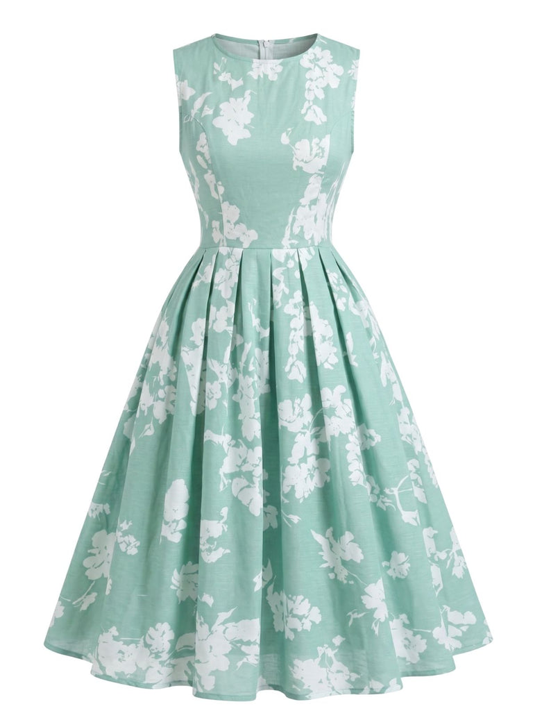 40er Ärmelloses Kleid mit Blumen und Plissee