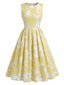 Gelbes 40er ärmelloses Plisseekleid mit Blumenmuster