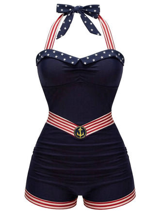 Marine Blau 1940er Halfter Stern & Streifen & Anker Patchwork Bademode