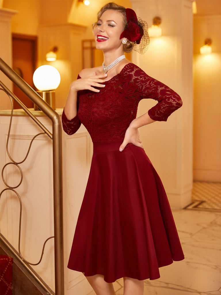 Lila 1950er Spitze Schulterfreies Blumen Swing Kleid