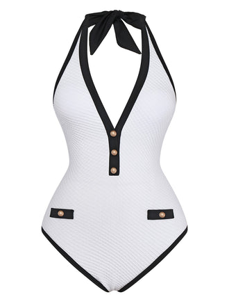 1950er Farbblock V-Ausschnitt Rückenfrei Einteiliger Badeanzug