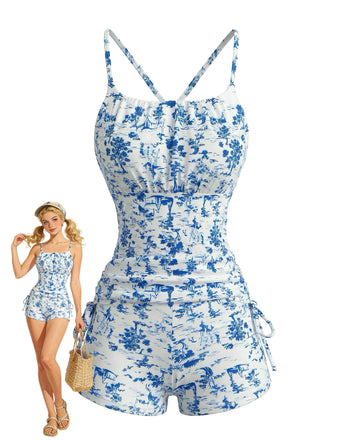 Blauer 50er Tankini mit Blumen und Hohe Taille