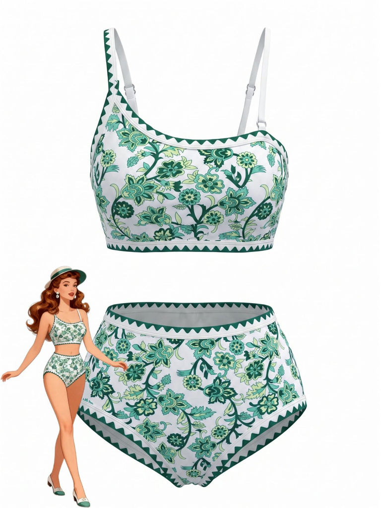 50er Bikini-Set & Shorts mit One-Shoulder und Blumen